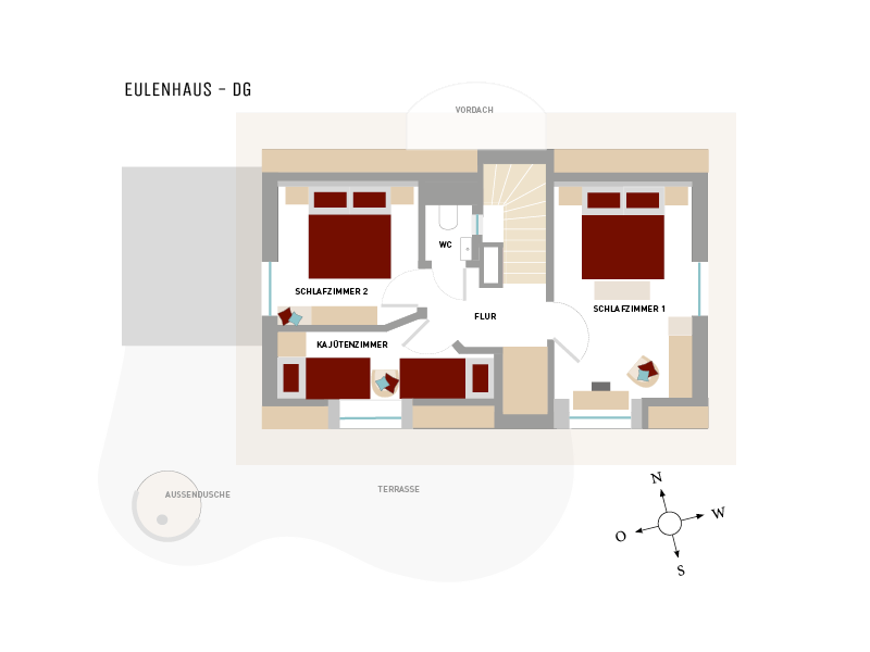 Grundriss vom Dachgeschoss des Eulenhauses der reetgedeckten Ferienhäuser Hoheneichen Hohwacht Hoheneichen Hohwacht, Grundriss vom Dachgeschoss des Eulenhauses der reetgedeckten Ferienhäuser