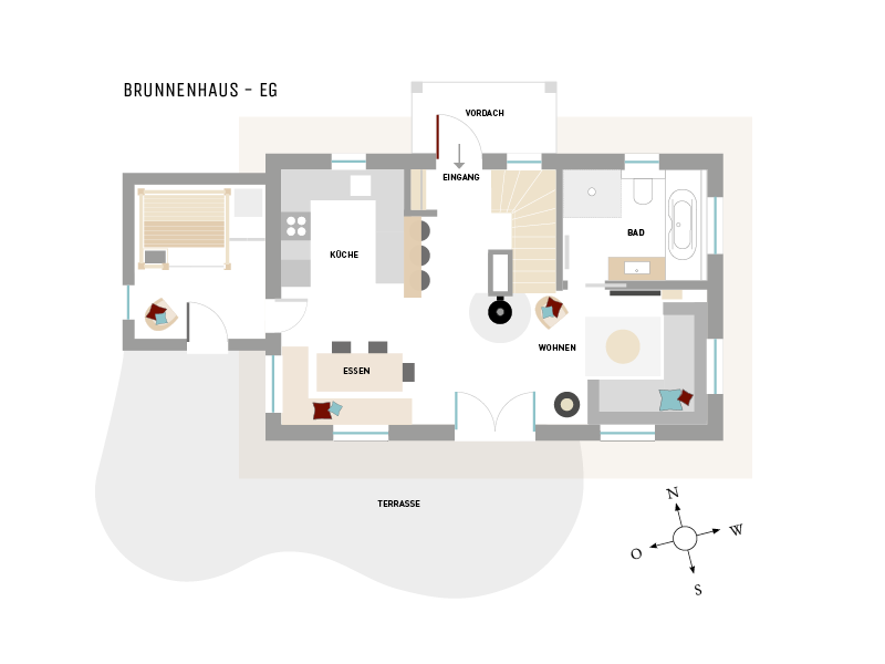 Erdgeschoß-Grundriss vom Ferienhaus Brunnenhaus, Hoheneichen Hohwacht an der Ostsee