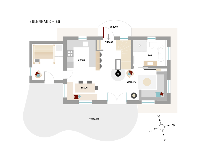 Erdgeschoß-Grundriss vom Ferienhaus Eulenhaus, Hoheneichen Hohwacht an der Ostsee